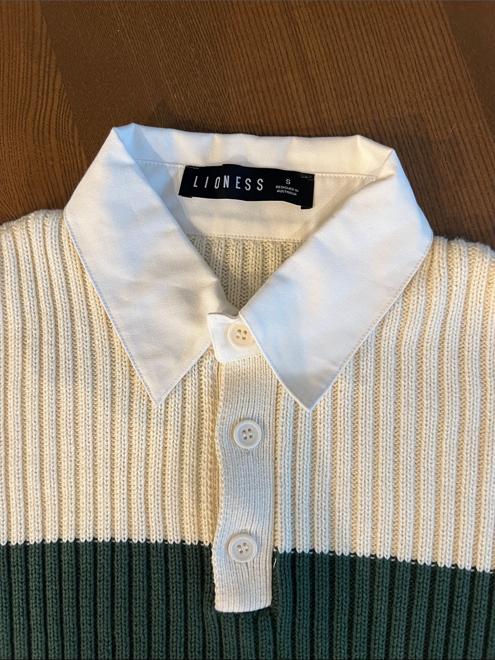 đŠNWOT | LIONESS 100% Cotton Cream & Green L/S Rugby Sweater w/ Collar | Size S - Picture 3 of 8